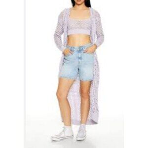 Lavender Open-Knit Hooded Long Cardigan & Crop Top Set